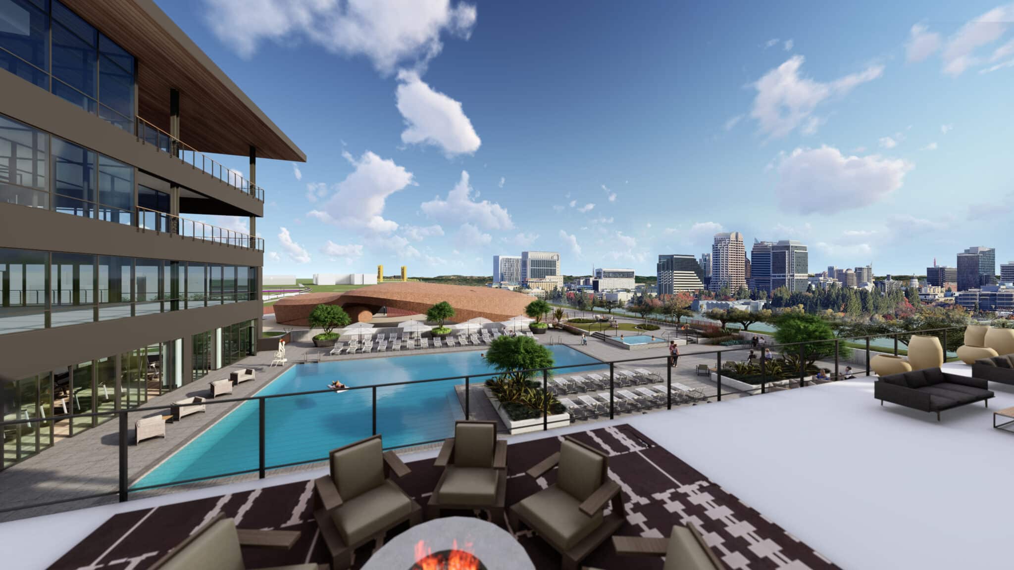 Modern rooftop patio with a fire pit, lounge chairs, and a pool overlooking a city skyline under a blue sky with scattered clouds.
